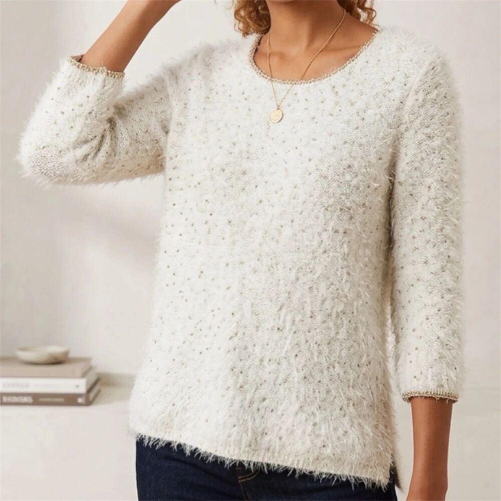 Chicos Sweater Womens US XL Eyelash Shine Pullover Fuzzy Knit Coastal Minimal